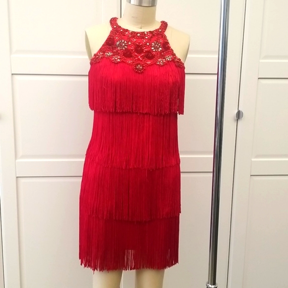 ❤💃 Aidan Mattox Red Fringe Embellished High Neck Dress💃 - Picture 1 of 11